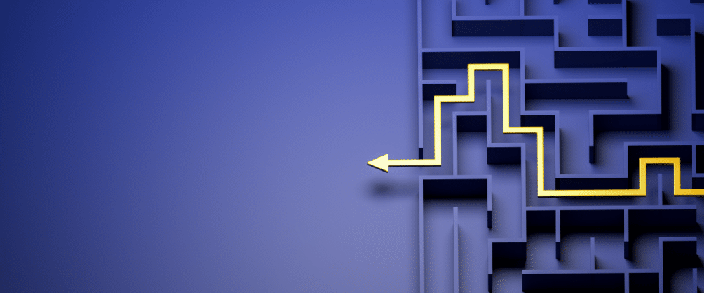 Concept - solving a complex problem. Blue maze and floor with yellow solution path with arrow. Banner size. field service management challenges