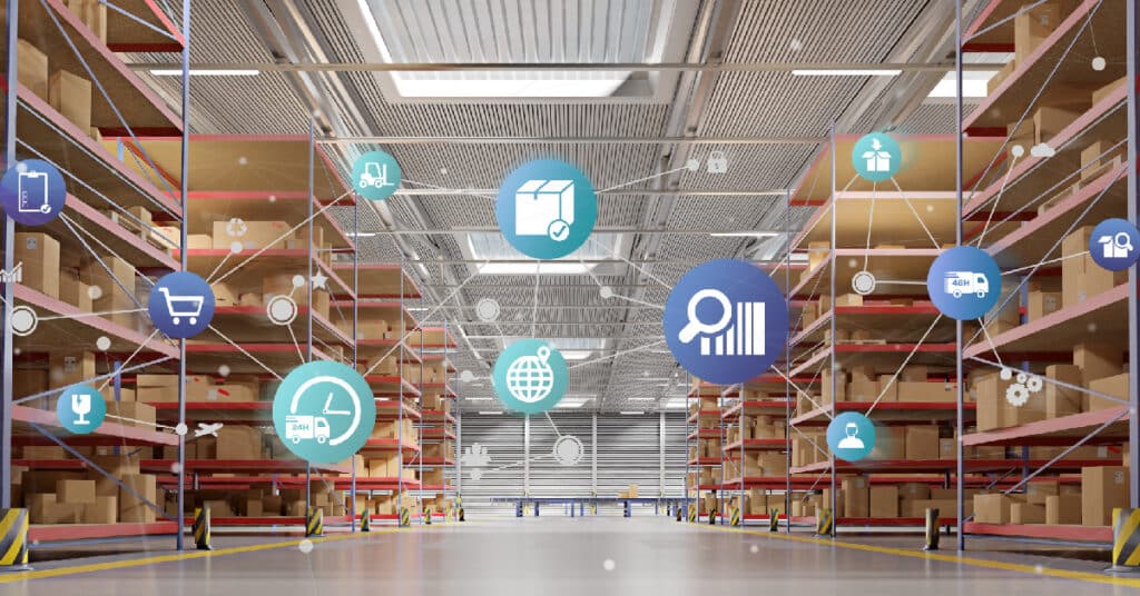 Supply Chain Warehouse with Technology Icons