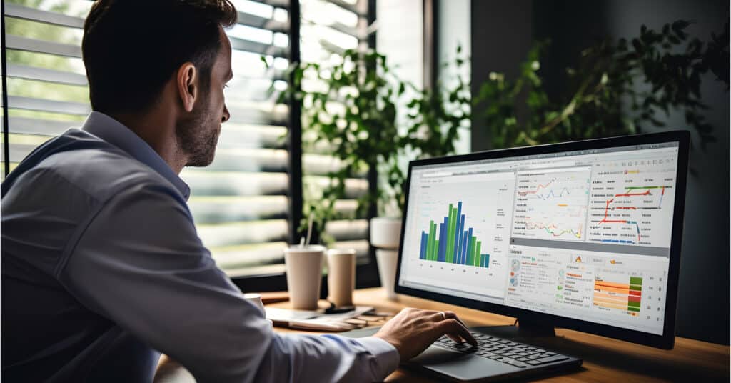 Businessman Looking at Analytics Dashboard on Computer