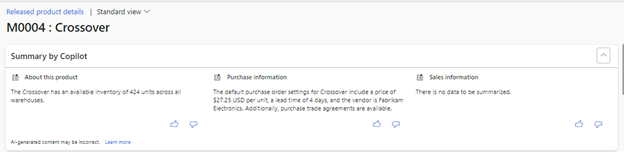 Summary by Copilot in D365 Supply Chain Management Function